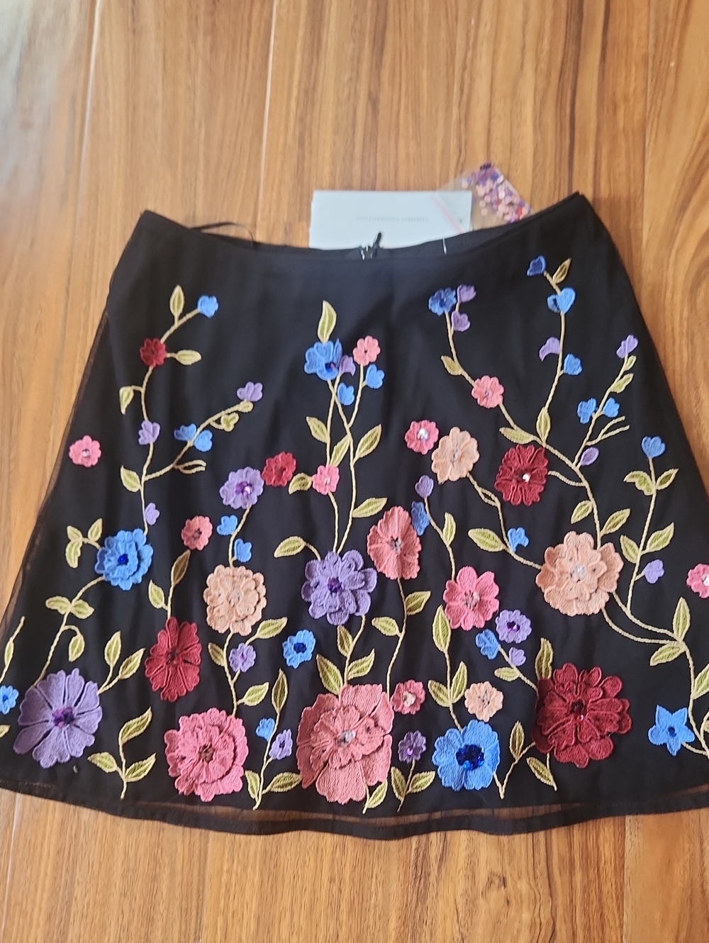 French Connection Black A-Line Skirt with Multicolor Floral Embroidery